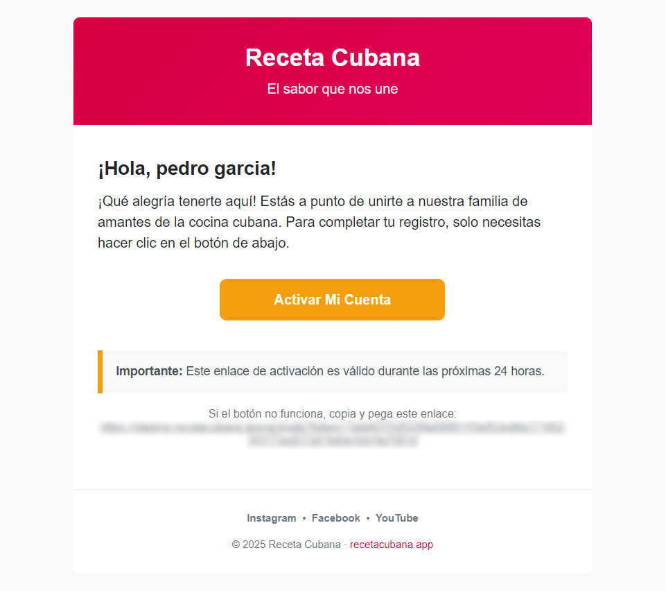 Email para activar cuenta en Receta Cubana