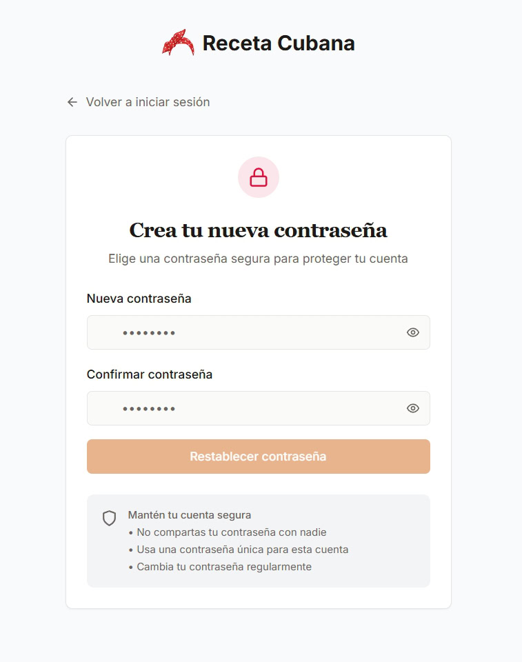 Página para crear la nueva contraseña