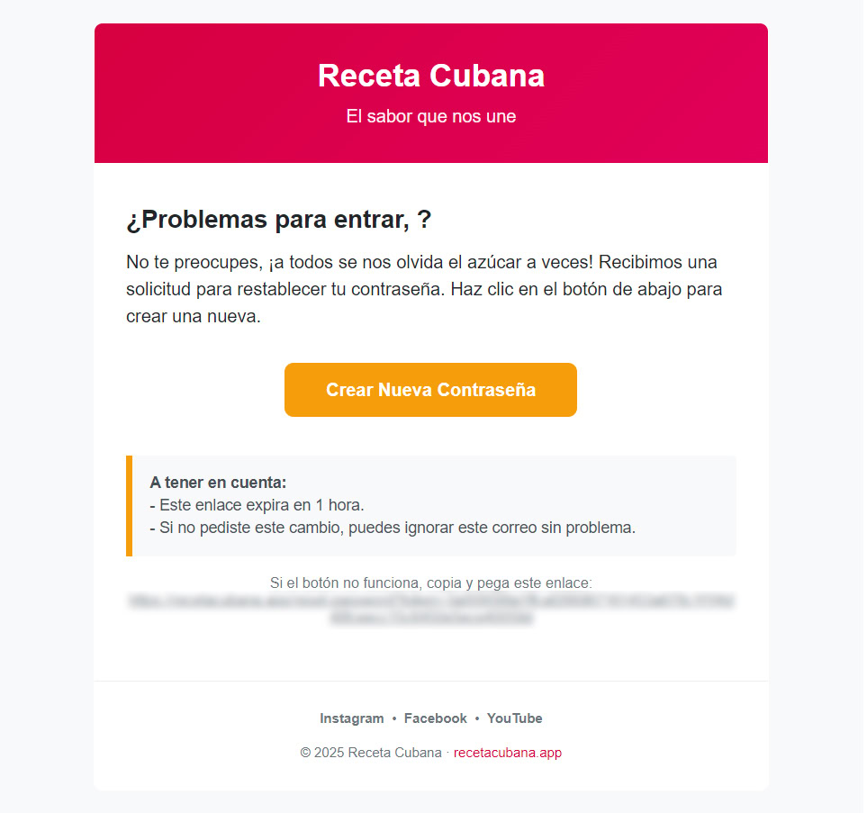 Email para crear una nueva contraseña