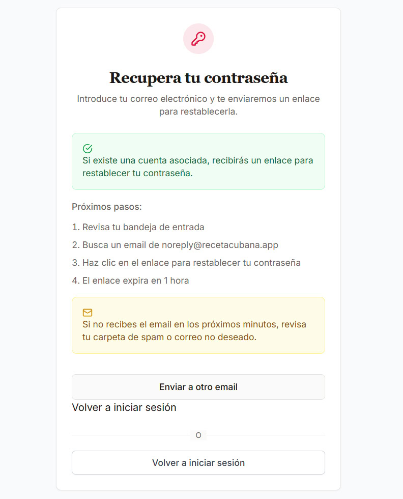 Confirmación de envío de email de recuperación